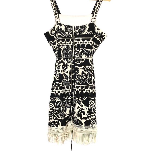 Tahari ASL Border Print Dress Sleeveless Fringe Trim Sheath Mini Black White 12 - Picture 5 of 9